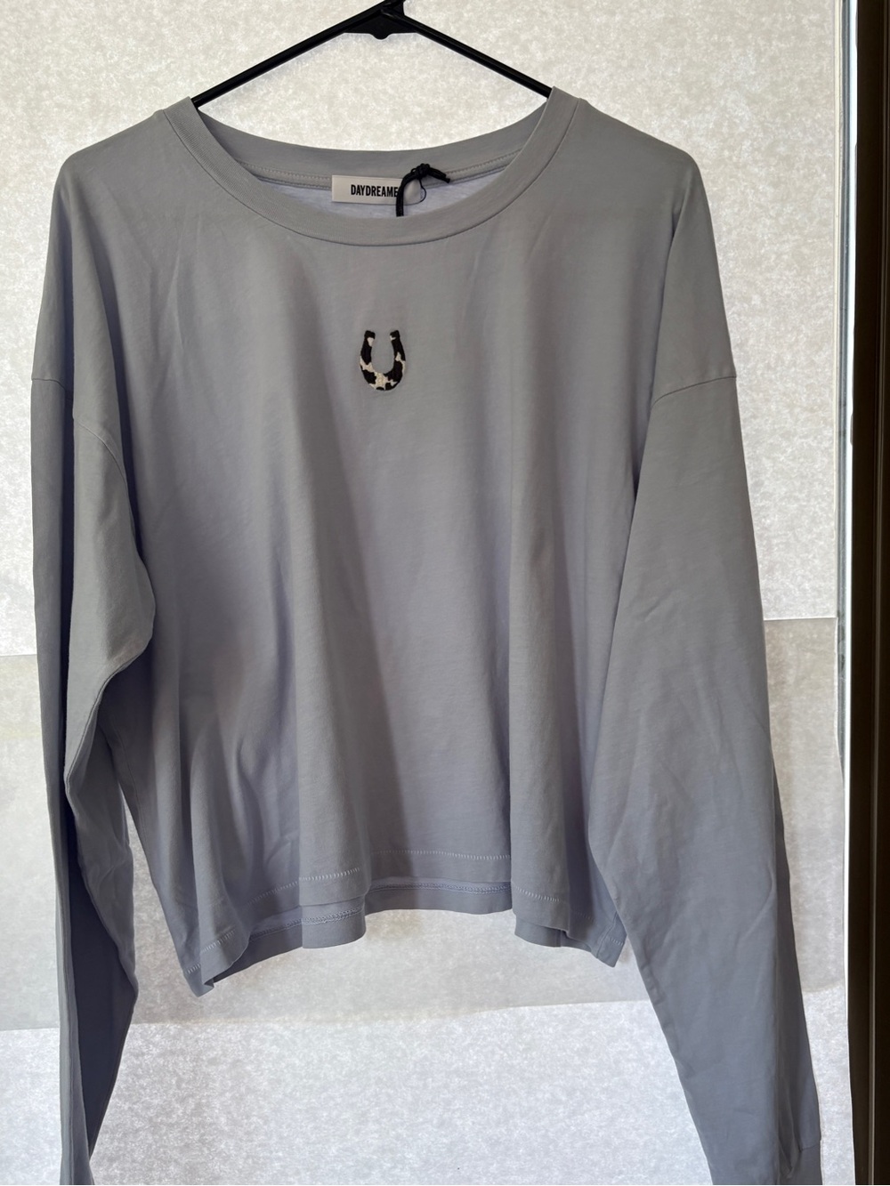 Daydreamer Light Blue Cropped Long-Sleeve Pullover with Cute Horseshoe Patch - Picture 3 of 4